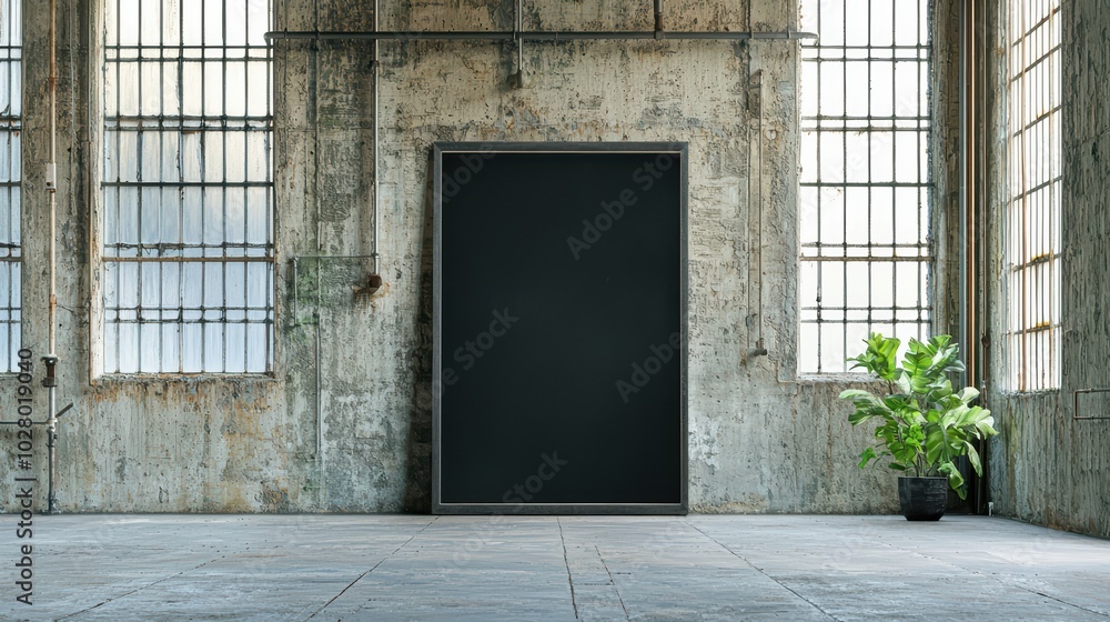 Fototapeta premium Interior of an industrial space featuring concrete walls, large windows, and a solitary plant in a pot.