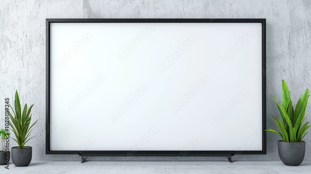Modern interior featuring a blank screen on a concrete wall with potted plants, perfect for presentations or home decoration. Modern interior featuring a blank screen on a concrete wall with potted plants, perfect for presentations or home decoration.