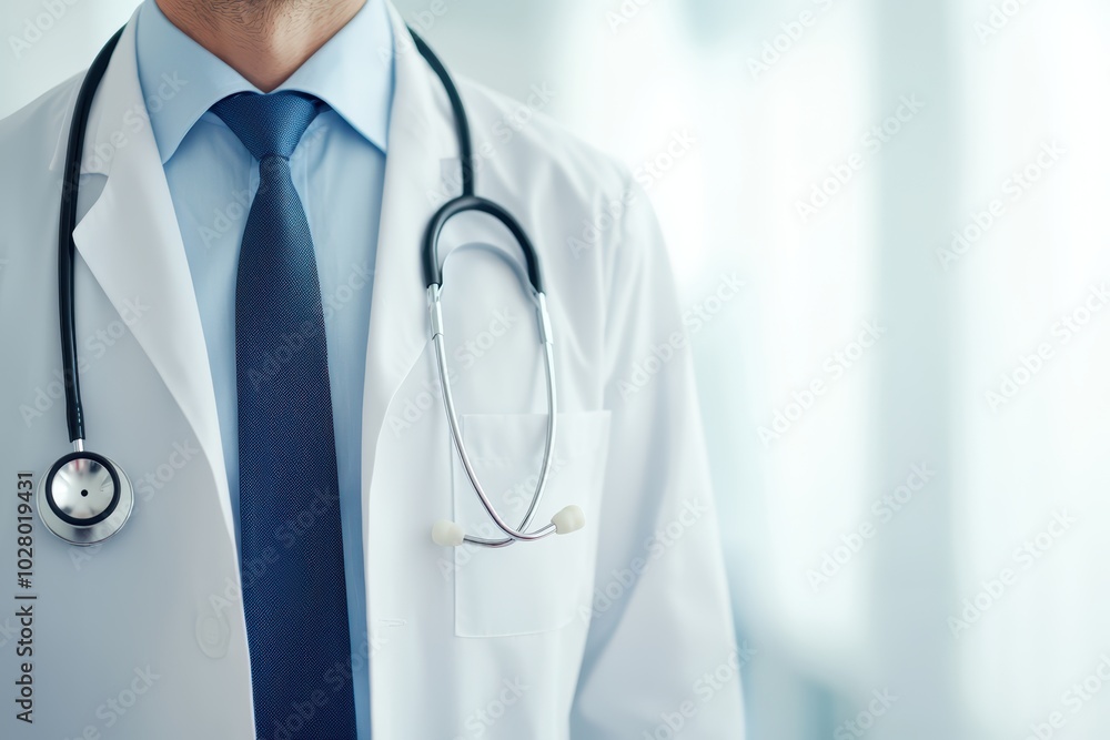 Professional doctor in a white coat wearing a stethoscope, focused and ready to assist patients in a healthcare setting. Professional doctor in a white coat wearing a stethoscope, focused and ready to assist patients in a healthcare setting.