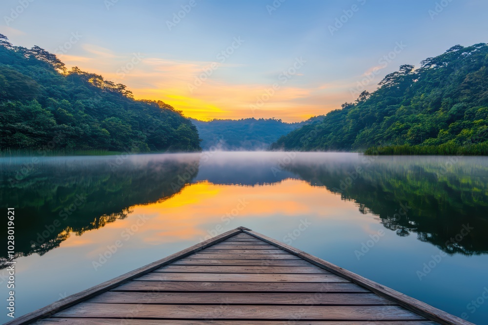 Fototapeta premium Serene lake at sunrise with mist, surrounded by lush greenery and a wooden pier in the foreground.