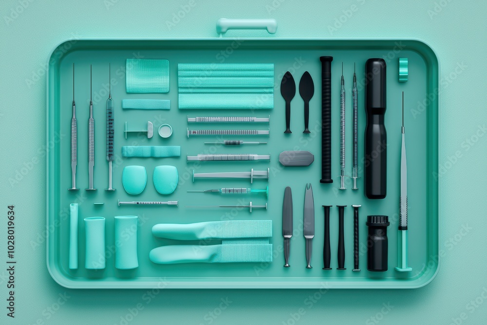 Set of surgical tools arranged neatly in a mint green tray on a solid background. Set of surgical tools arranged neatly in a mint green tray on a solid background.