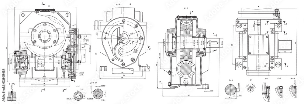 Engineering mechanical pencil drawing of steel devices
(reducer, gearbox, engine)
with dimension lines. Industrial
cad scheme on white paper sheet. Technology background
of machine building industry. Engineering mechanical pencil drawing of steel devices
(reducer, gearbox, engine)
with dimension lines. Industrial
cad scheme on white paper sheet. Technology background
of machine building industry.