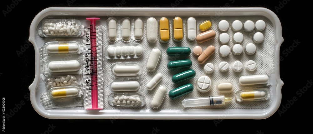 Variety of medications arranged meticulously on a tray against a black background, showcasing colors and shapes of pharmaceuticals. Variety of medications arranged meticulously on a tray against a black background, showcasing colors and shapes of pharmaceuticals.
