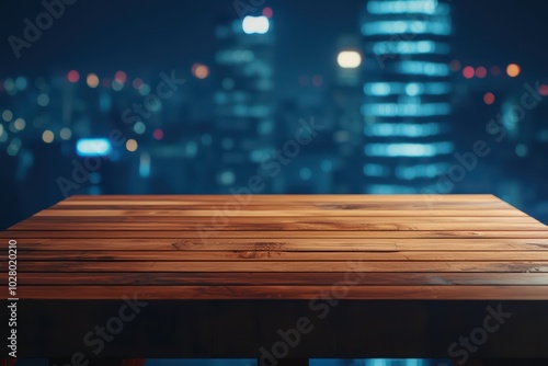 Wooden table with a blurred city skyline at night in the background, creating a warm and cozy atmosphere.