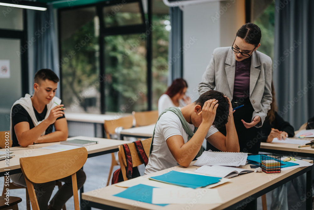 Students in a classroom setting, one looking stressed and receiving guidance from a teacher, promoting educational assistance. A supportive learning environment with attentive instruction is depicted.