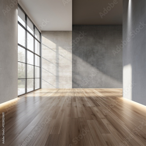 two grey seamless backdrops of differnt tones layered floor to ceiling one slightly in front of the other, wood floors, large room photo