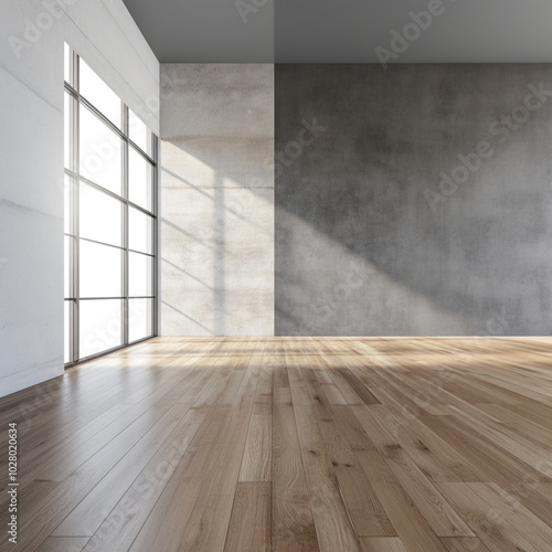 two grey seamless backdrops of differnt tones layered floor to ceiling one slightly in front of the other, wood floors, large room photo