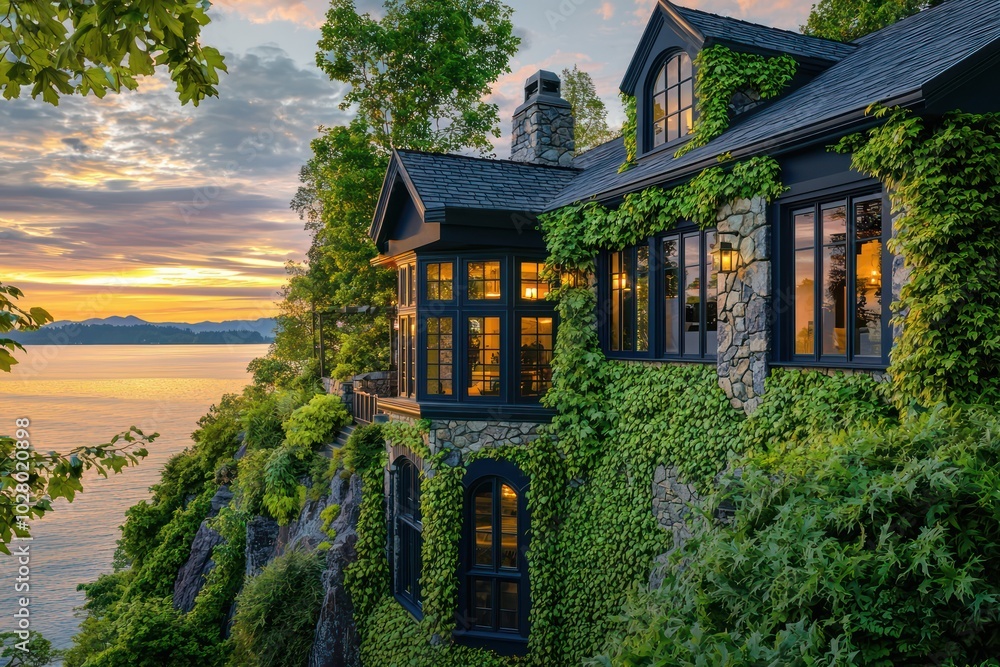 Detailed view of a craftsman-style home with lush greenery and navy windows, captured at sunset on a cliff overlooking the water, in a aspect Detailed view of a craftsman-style home with lush greenery and navy windows, captured at sunset on a cliff overlooking the water, in a aspect