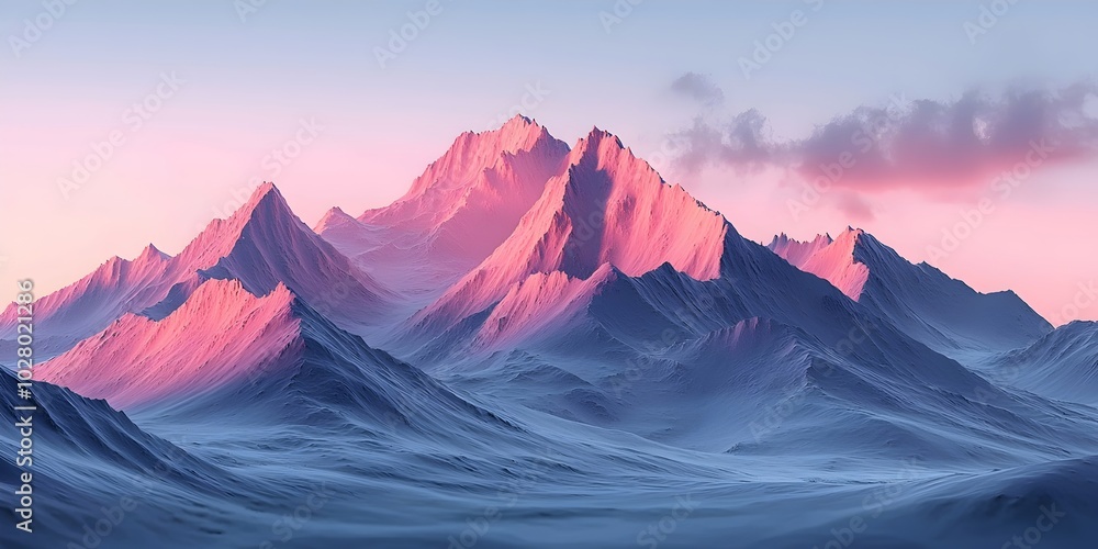 A majestic mountain range bathed in the soft glow of a pink and purple sunrise. A majestic mountain range bathed in the soft glow of a pink and purple sunrise.