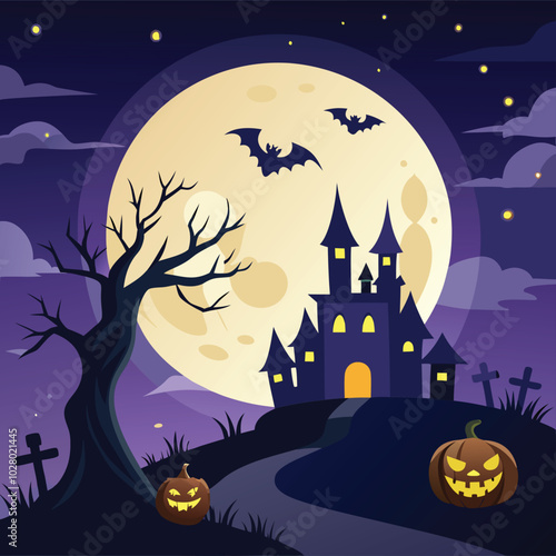 Halloween night scene with hunted house full moon bats, scary tree, graveyard and pumpkin in front of it , vector illustration