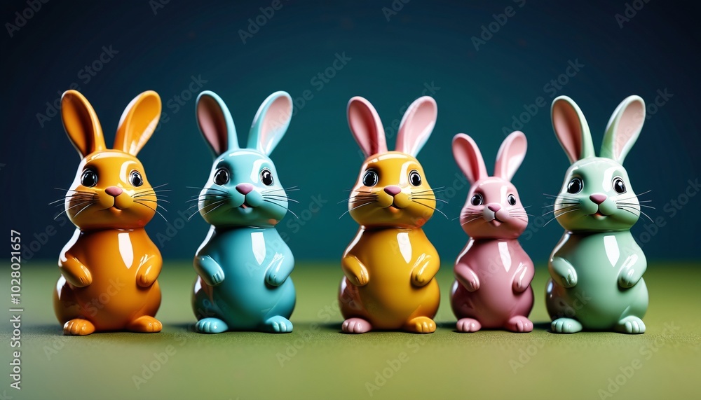An adorable ceramic miniature bunny family with different expressions, designed with bright colors and playful poses, ideal for enhancing children's play areas or as a unique gift , Generative AI An adorable ceramic miniature bunny family with different expressions, designed with bright colors and playful poses, ideal for enhancing children's play areas or as a unique gift , Generative AI