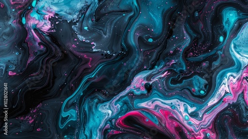 Abstract fluid art painting in vibrant pink, blue and turquoise colors flowing on a black background