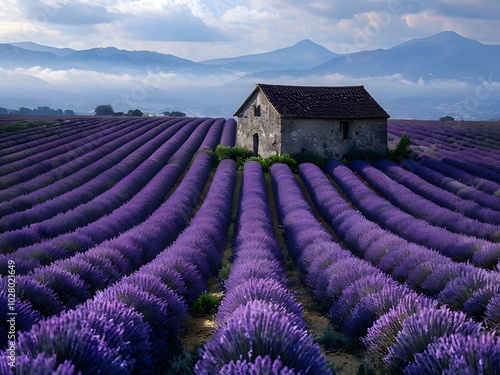 Tranquil Lavender Field with a Stone Barn and Distant Mountains photo