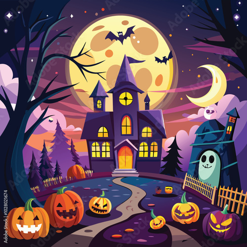 Halloween night scene with hunted house, vector illustration fully editable file
