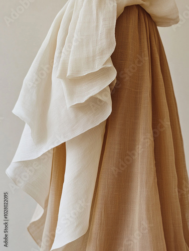 Skirt or dress with an uneven hem on a neutral beige background for a modern minimalist look