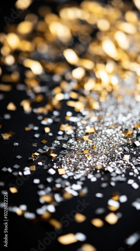 Golden and silver confetti sparkle on black background