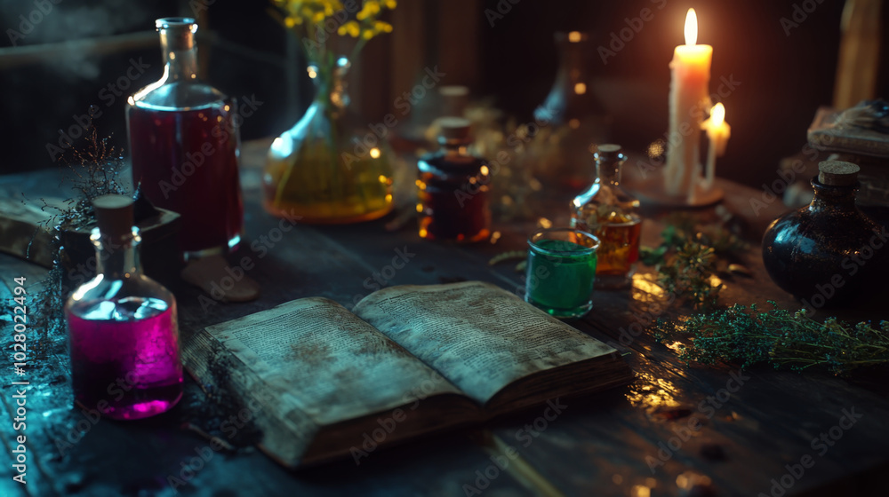 Enchanted potion lab with open grimoire and candlelight atmosphere Enchanted potion lab with open grimoire and candlelight atmosphere