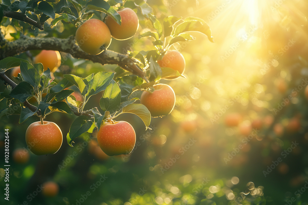 Morning light on an apple orchard with a focus on regenerative farming practices, Fall harvest Morning light on an apple orchard with a focus on regenerative farming practices, Fall harvest