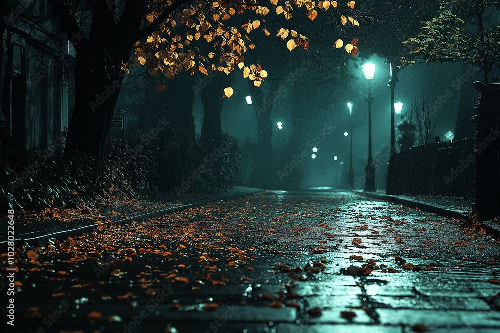 A night scene of a quiet autumn street with lamplights illuminating fallen leaves A night scene of a quiet autumn street with lamplights illuminating fallen leaves