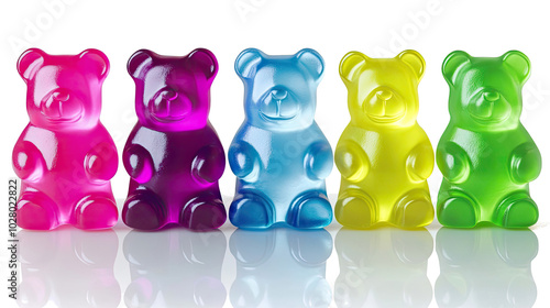 Colorful Collection of Gummy Bears Lined up on a White Background Generative AI