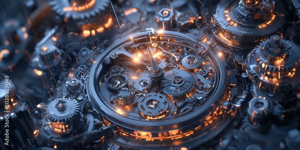 A Detailed Rendered Digital Artwork of an Old-Fashioned Mechanical System with Gears and Illuminated Elements A Detailed Rendered Digital Artwork of an Old-Fashioned Mechanical System with Gears and Illuminated Elements