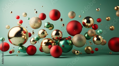 Abstract 3D shapes Floating 3D shapes in red, green, and gold, with a clear area for text, ideal for futuristic Christmas presentations and innovative holiday marketing materials