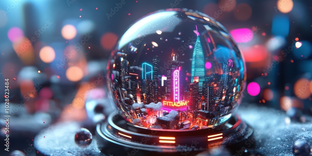 Fototapeta premium A Magical Neon City Inside a Snow Globe A Winter Wonderland of Light and Life