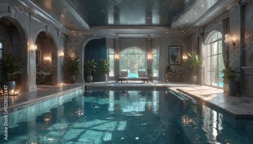 An elegant indoor pool with crystal clear water, reflecting the luxurious decor and lighting, creating a peaceful atmosphere for relaxation, Generative AI