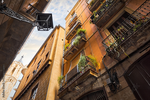 Photography Barcelona, Spain, Low angle view at the architecture details of Gothic Quarter