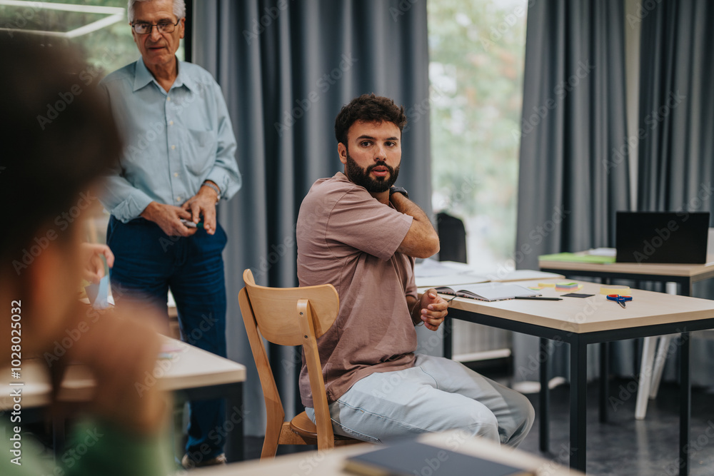 An elderly professor interacts with attentive students in a contemporary classroom, fostering a conducive learning environment. Notebooks and laptops are visible, emphasizing modern education tools. An elderly professor interacts with attentive students in a contemporary classroom, fostering a conducive learning environment. Notebooks and laptops are visible, emphasizing modern education tools.