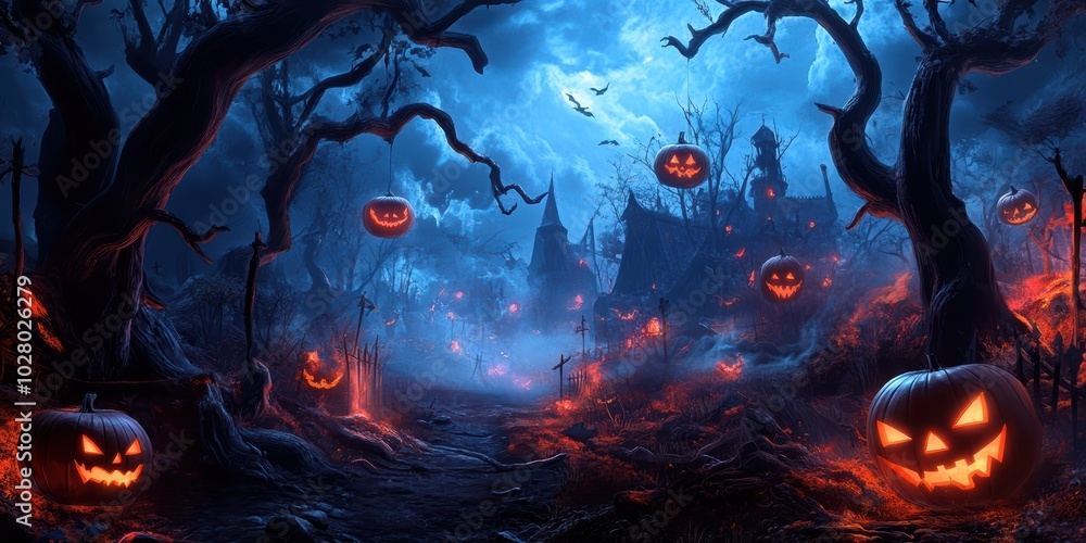 Fototapeta premium Spooky Halloween Night A Hauntingly Beautiful Scene with Jack-o'-Lanterns and Eerie Moonlight