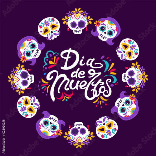 Day of the Dead. Dia de Muertos. Round frame, wreath. Catrina, the garbancera skull, festive skeleton, the bony dancer. Vector illustration in vintage style. For posters, postcards, banners, design.