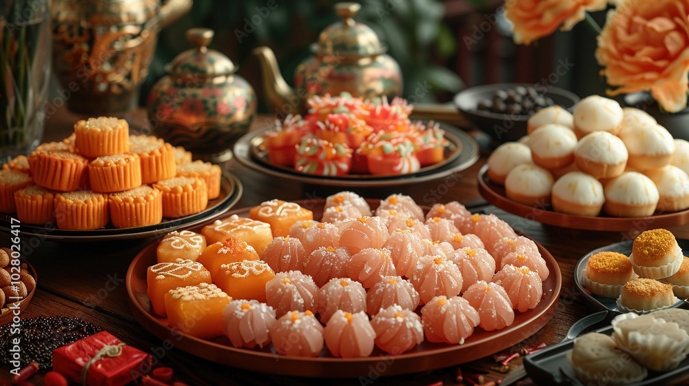 A table with traditional Lunar New Year sweets and snacks. A table with traditional Lunar New Year sweets and snacks.