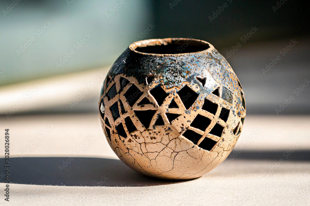 an intricately designed pottery shard resting on a neutral surface an intricately designed pottery shard resting on a neutral surface