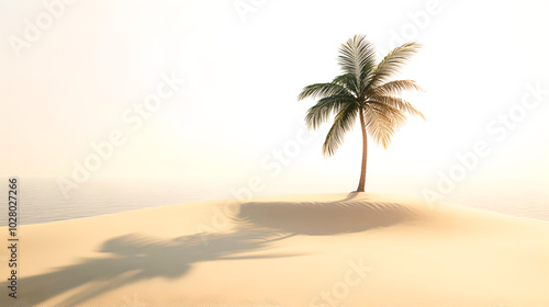 A desert island with a single palm tree casting a small shadow, and surrounded by golden sand