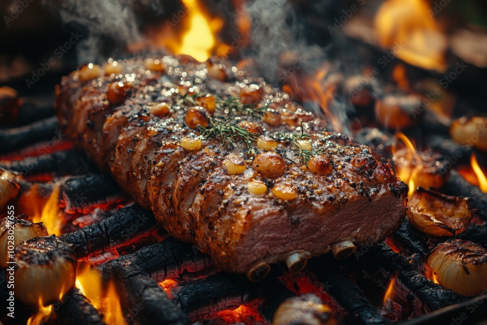 Pork knuckle bakeing over a campfire. Baked meat. Delicious dish. Meat with spices and sauce. Pork knuckle bakeing over a campfire. Baked meat. Delicious dish. Meat with spices and sauce.