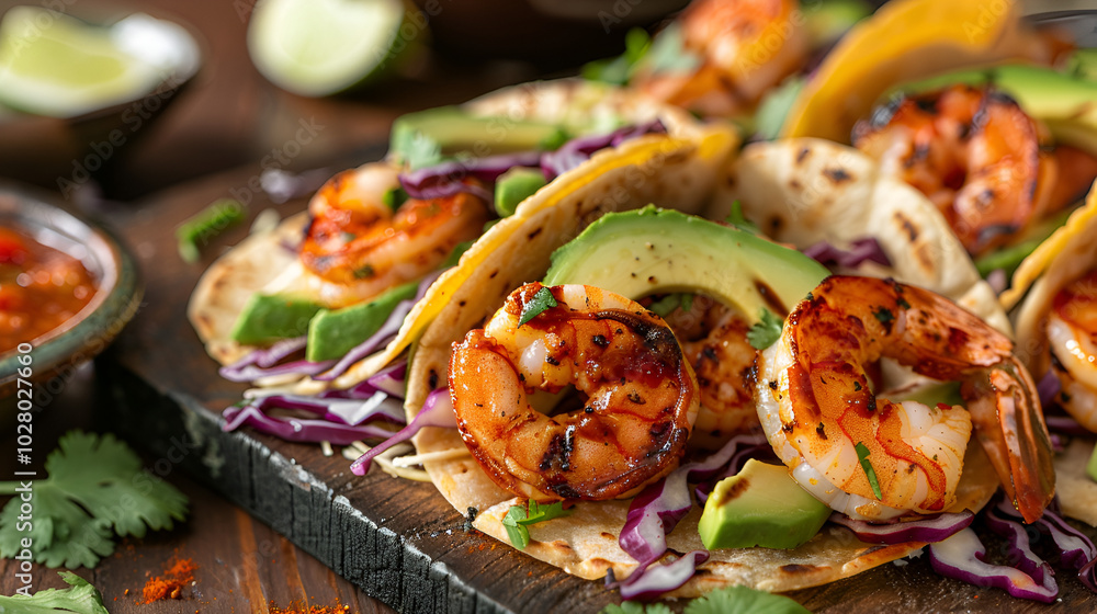 Delicious Grilled Shrimp Tacos with Avocado and Red Cabbage - Delightful grilled shrimp tacos garnished with fresh avocado and crunchy red cabbage. A vibrant and tasty meal perfect for seafood lovers Delicious Grilled Shrimp Tacos with Avocado and Red Cabbage - Delightful grilled shrimp tacos garnished with fresh avocado and crunchy red cabbage. A vibrant and tasty meal perfect for seafood lovers