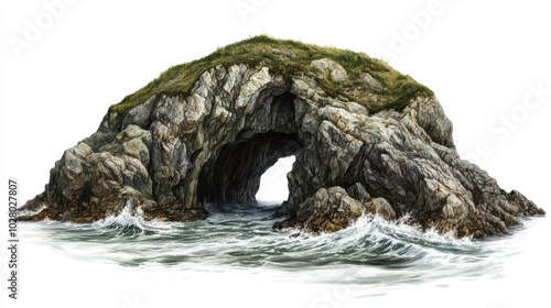 A rocky island with a small cave waves crashing against the shore