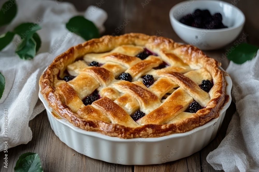 Apple pie with blackberry on wooden table - generative ai Apple pie with blackberry on wooden table - generative ai