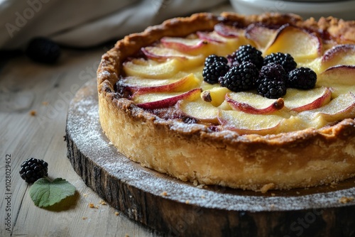 Apple pie with blackberry on wooden table - generative ai