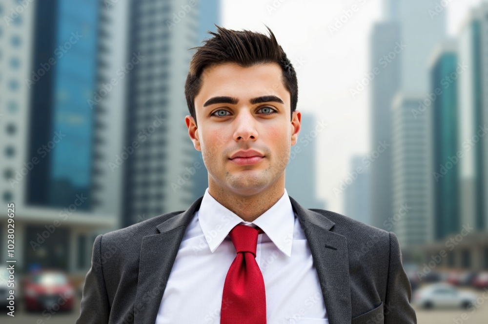 Confident young businessman standing in city center