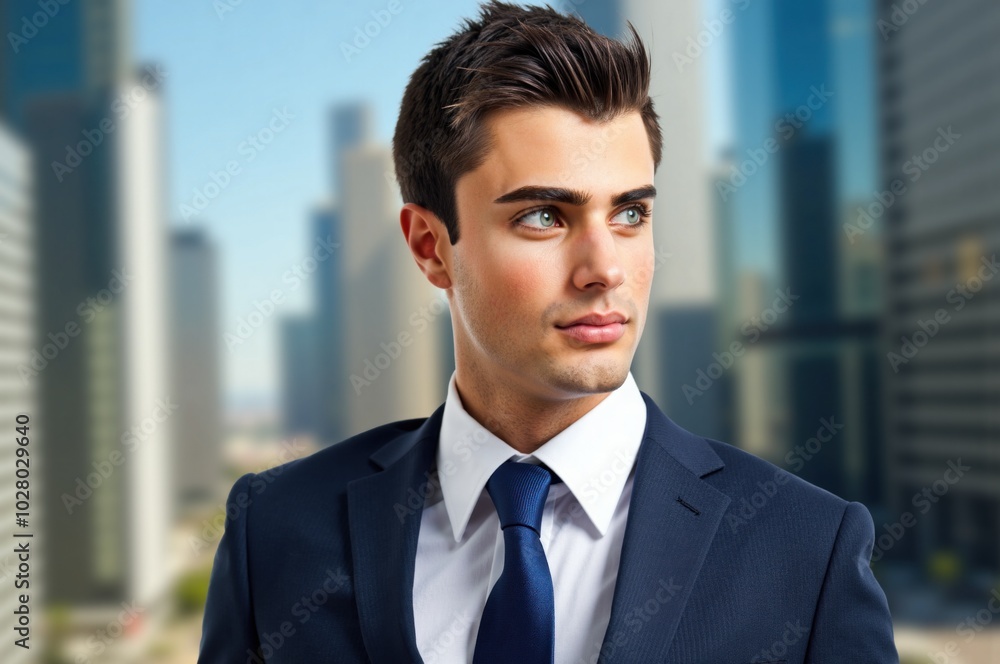 Young businessman looking away with modern city in background Young businessman looking away with modern city in background