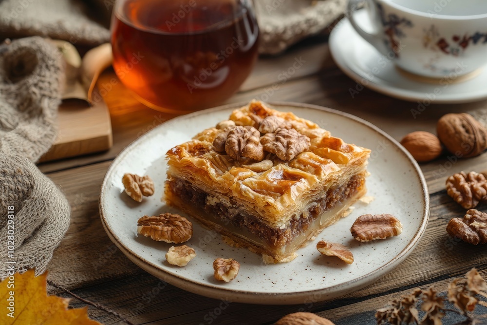 baklava with nuts, tea in Turkish - generative ai baklava with nuts, tea in Turkish - generative ai