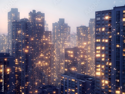 A city skyline illuminated by lights at dusk, creating a magical urban atmosphere.