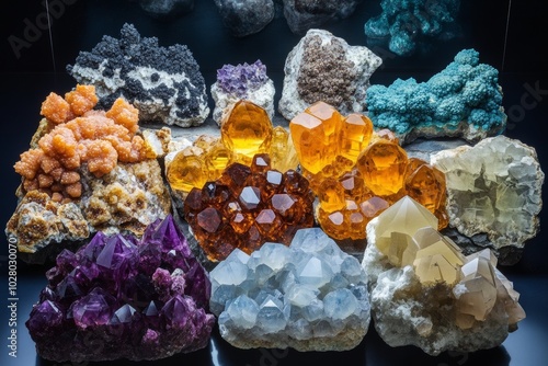 A stunning collection of rare minerals and gemstones displayed under soft lighting in an exhibition hall showcasing natural beauty photo