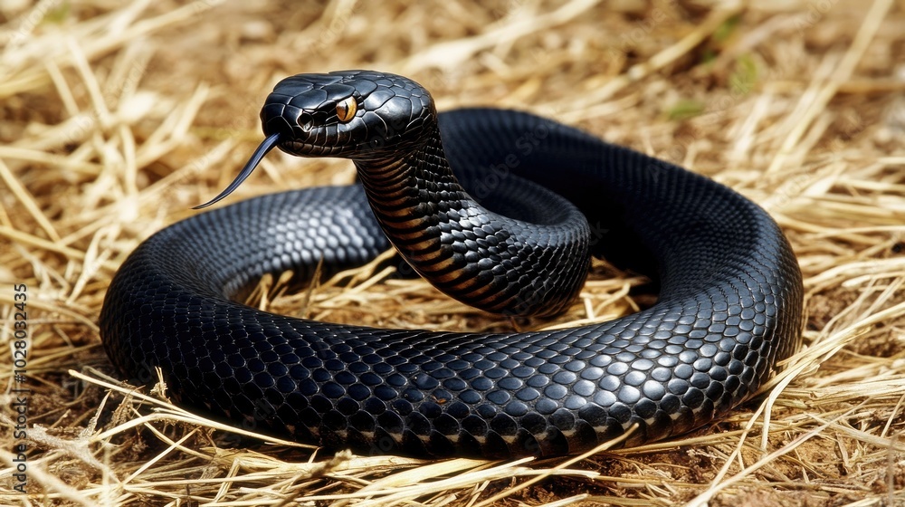 A black mamba snake slithering through dry grass, its head raised. A black mamba snake slithering through dry grass, its head raised.