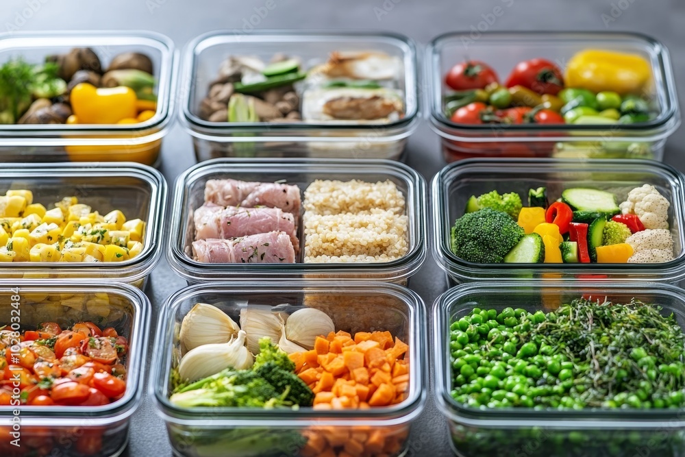 Nutrient-rich meal prep containers filled with colorful vegetables and lean meats organized on a countertop for healthy eating Nutrient-rich meal prep containers filled with colorful vegetables and lean meats organized on a countertop for healthy eating