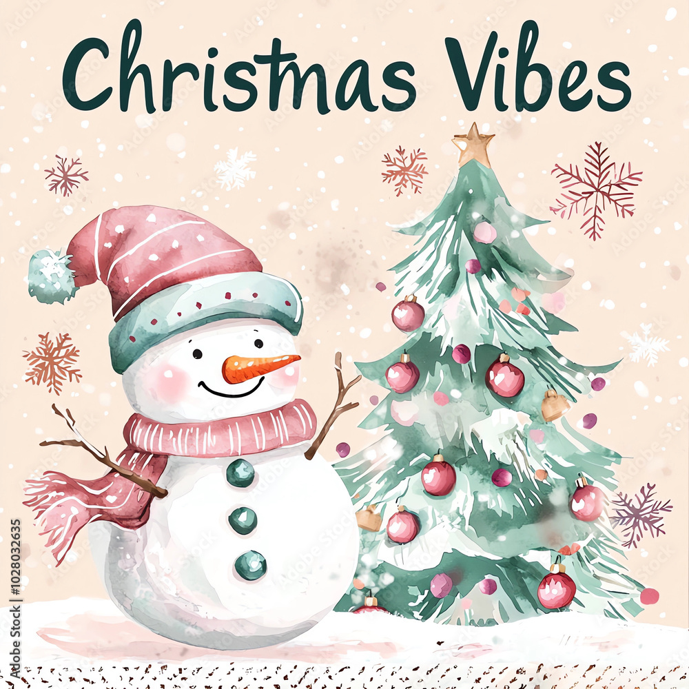 Christmas card cover with a cute snowman and Christmas tree, in pastel colors, with text Christmas card cover with a cute snowman and Christmas tree, in pastel colors, with text