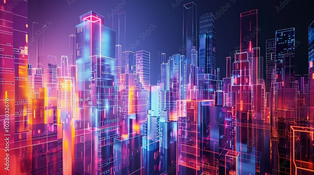 Obraz premium Futuristic cityscape glowing with vibrant neon lights, perfect as a wallpaper for technology and innovation themes