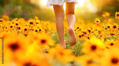 Barefoot stroll through a vibrant field of yellow flowers at sunset, AI